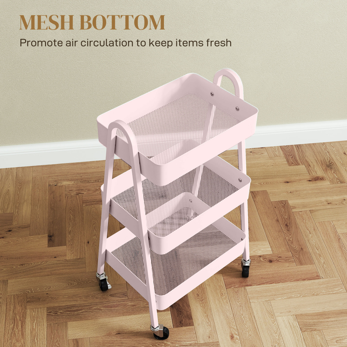 HOMCOM 3-Tier Rolling Utility Cart Kitchen Storage Trolley on Wheels Pink