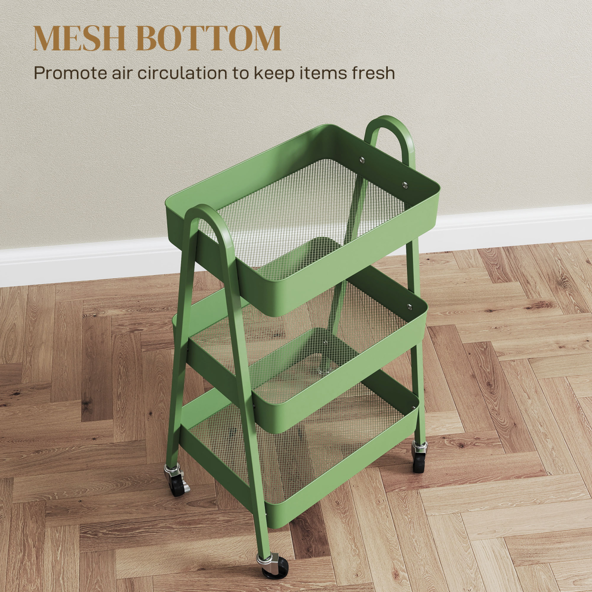 HOMCOM 3-Tier Rolling Utility Cart Kitchen Storage Trolley on Wheels Green