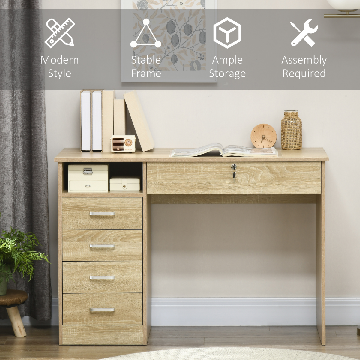 Computer Desk Writing Desk with Five Drawers for Home Office Oak
