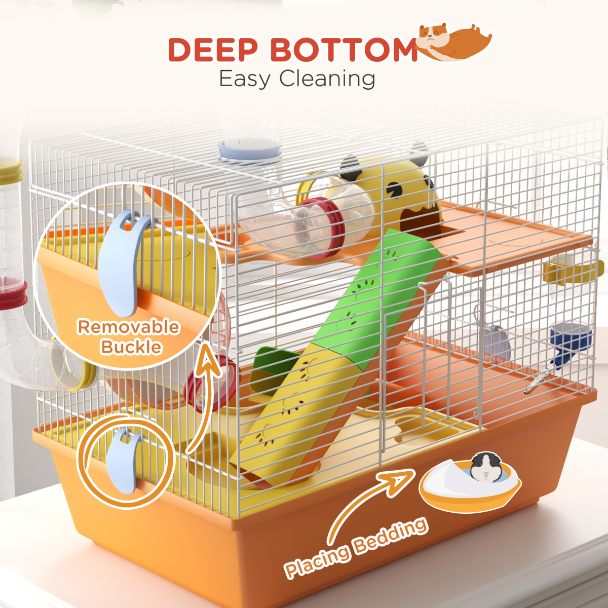 PawHut Hamster Cage, 3 Tiers Gerbil Cage for Dwarf Hamsters with Tubes, Ladder