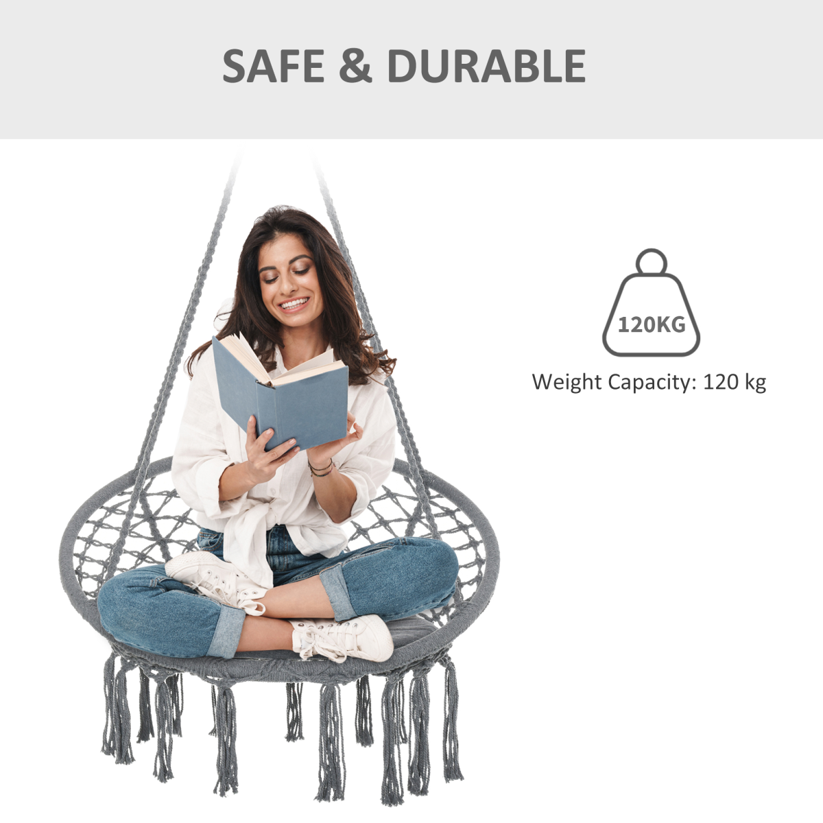 Cotton-Polyester Blend Macrame Hanging Chair Swing Hammock & Backrest, Grey
