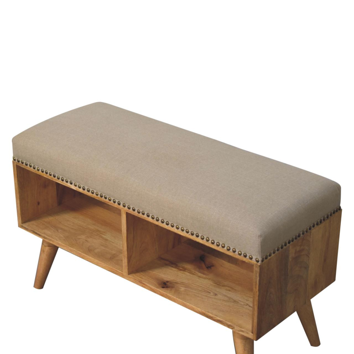 Artisan Furniture Solid Wood Studded Linen Open Bench, Upholstered, 2 Open Slots, Beige