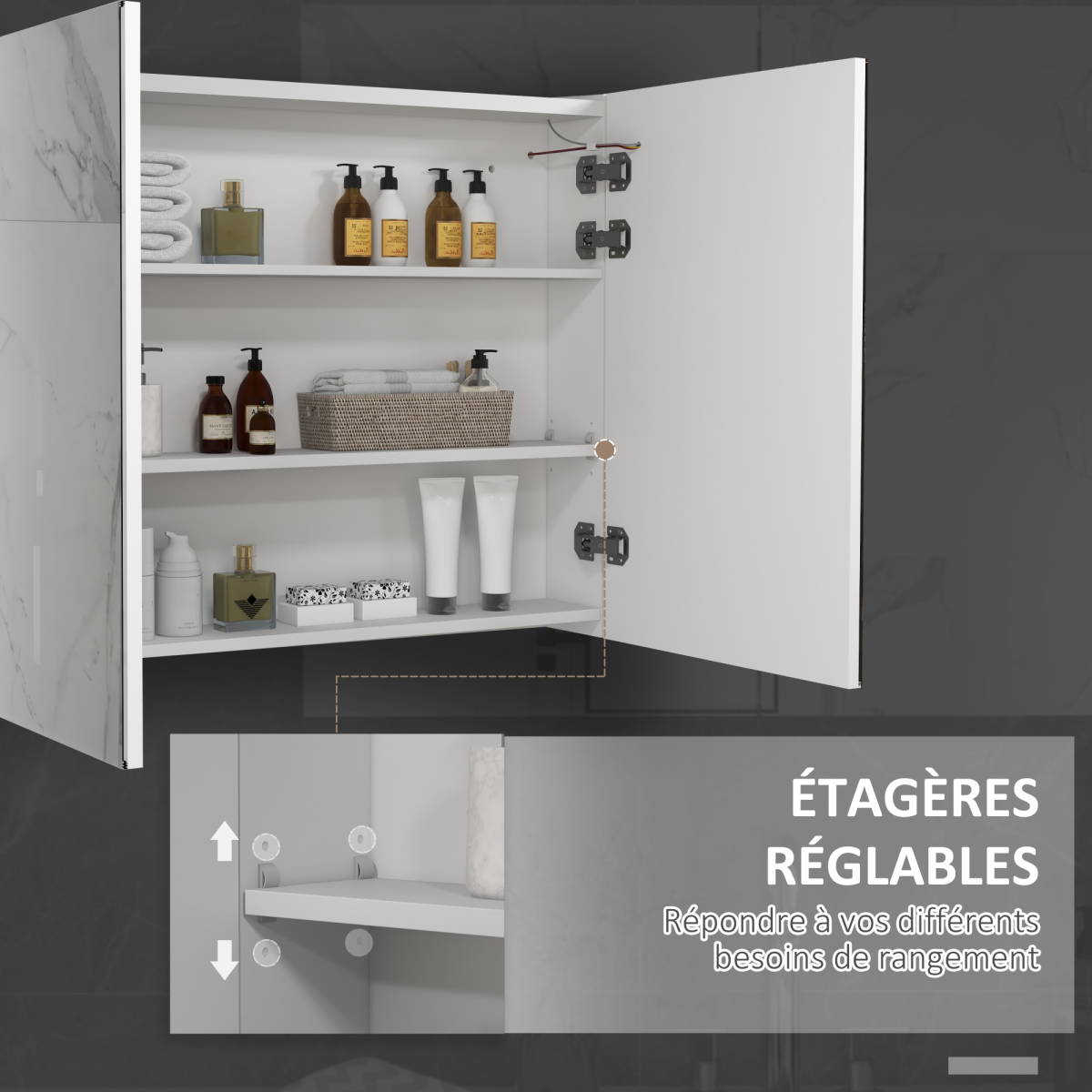 kleankin Wall Mounted Bathroom Storage Cupboard with Mirror, LED Light, USB