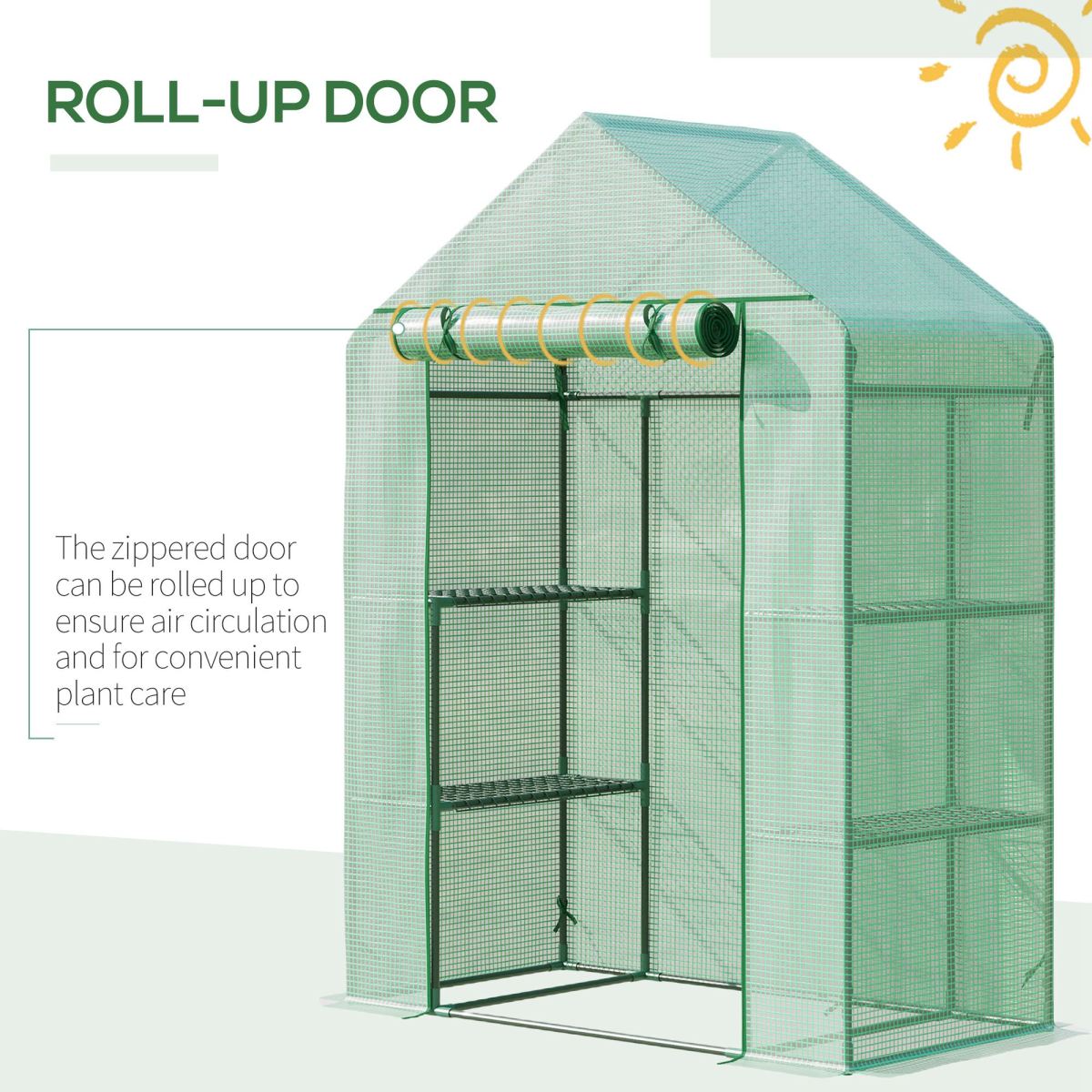 WalkIn Greenhouse 2 Tier Shelf, Roll-Up Door, PE Cover, 141x72x191cm, Green