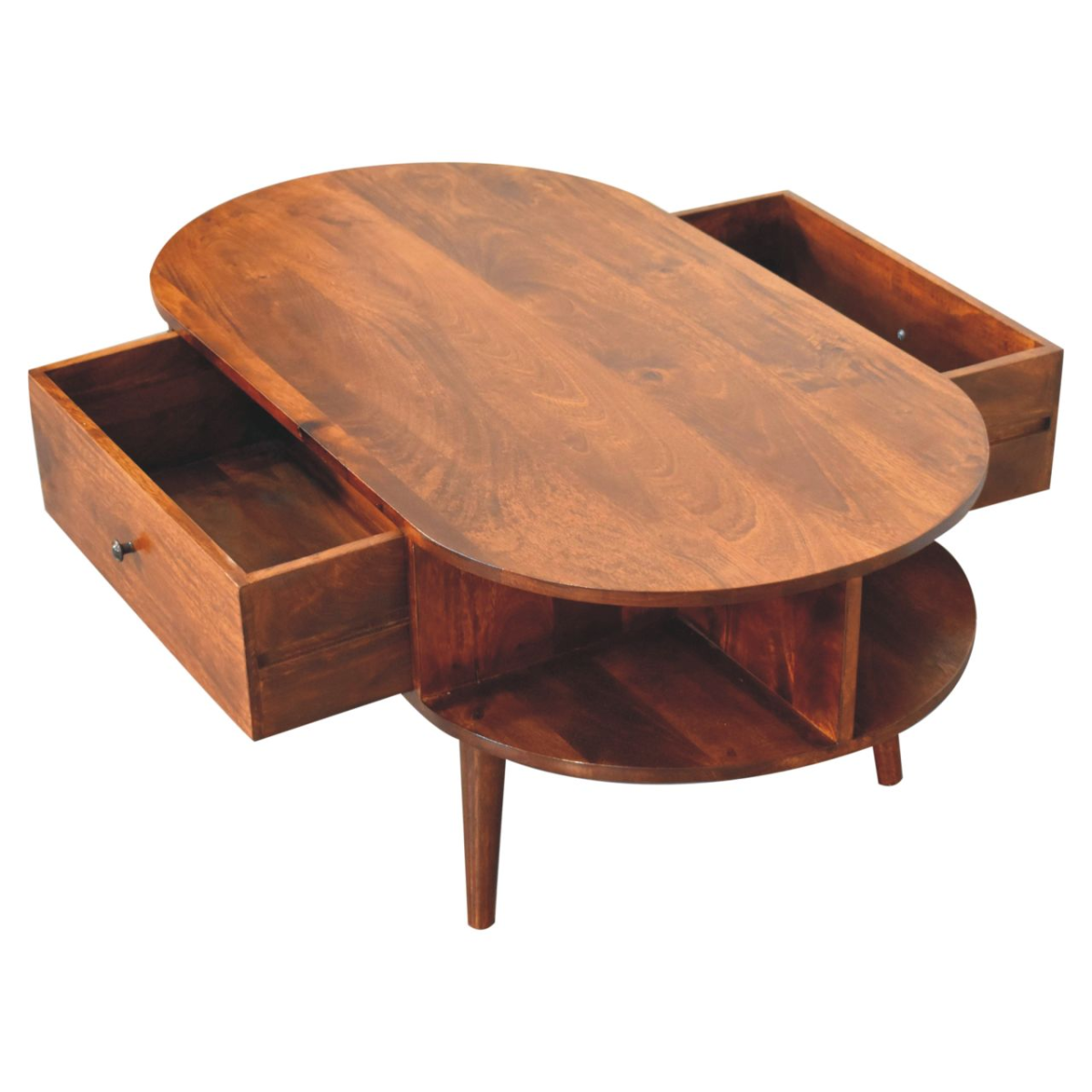 Artisan Furniture Solid Wood Chestnut Oval Coffee Table, 1 Drawer and 2 Open Slots, Dark Brown
