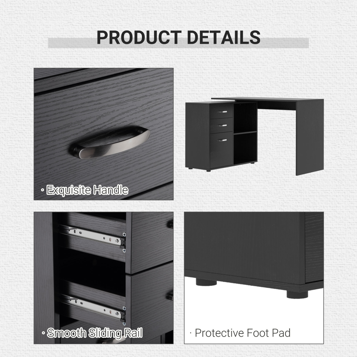 L Shape Computer Desk Workstation Home Office Drawer Shelf File Cabinet-Black