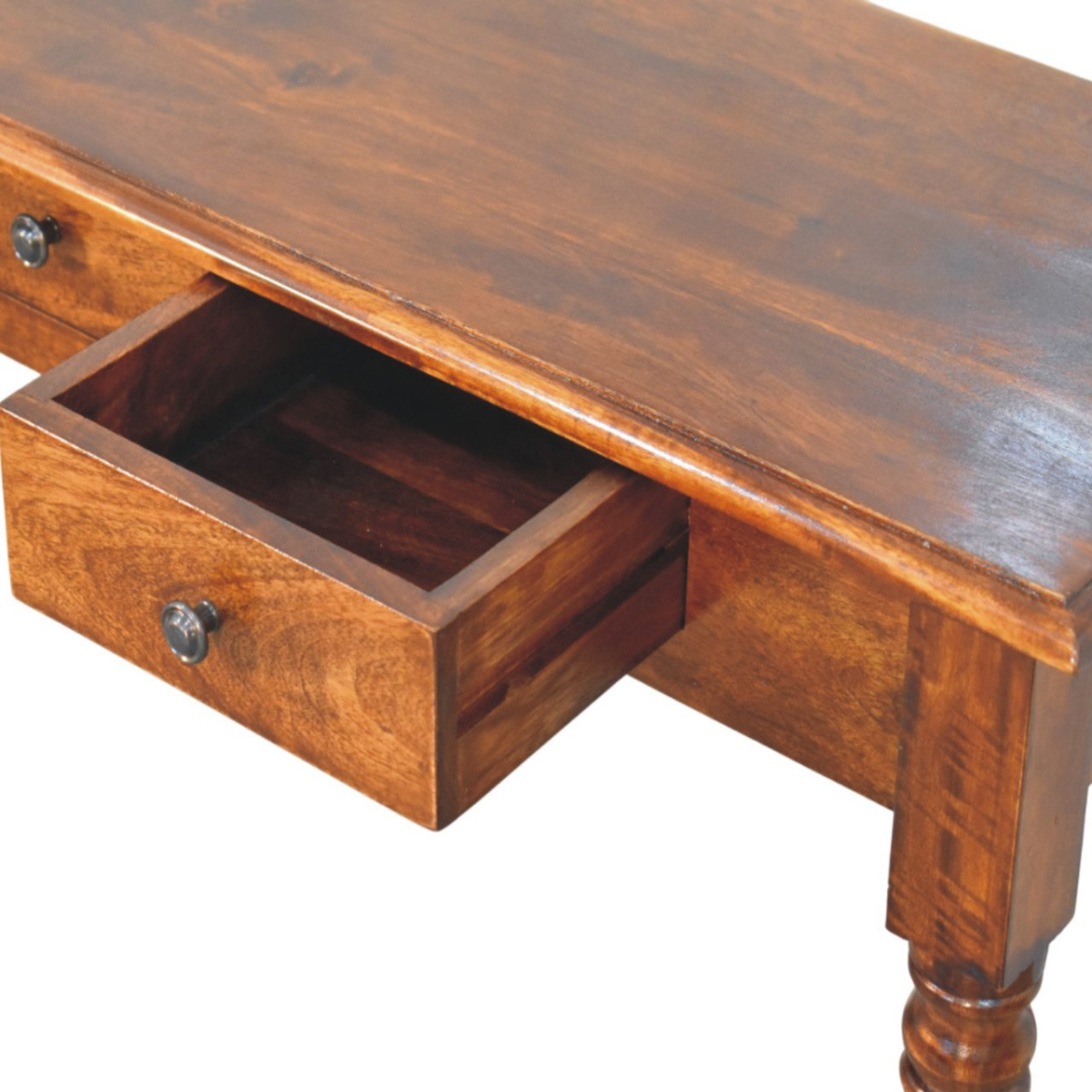 Artisan Furniture Solid Wood Turned Legs Chestnut Console, 3 Drawers, Dark Brown