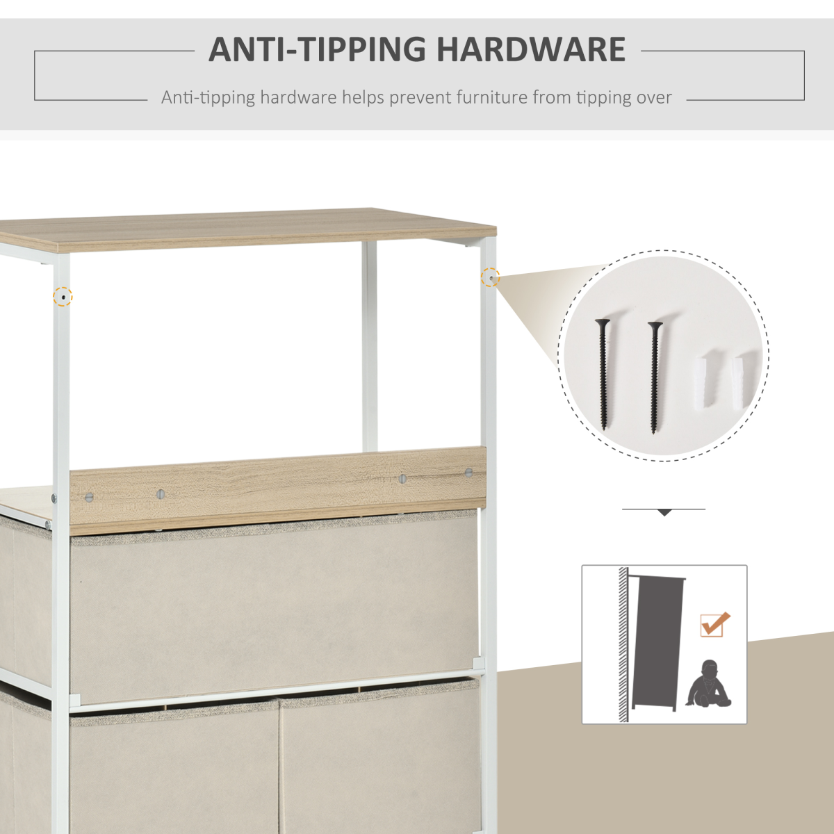 Chest of Drawers with 4 Fabric Bins  White