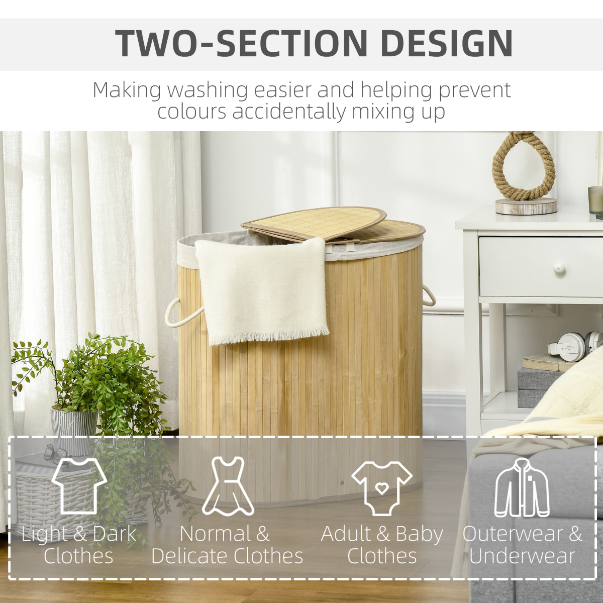 100L Bamboo Laundry Basket w/ 2 Compartments Washing Baskets Natural HOMCOM