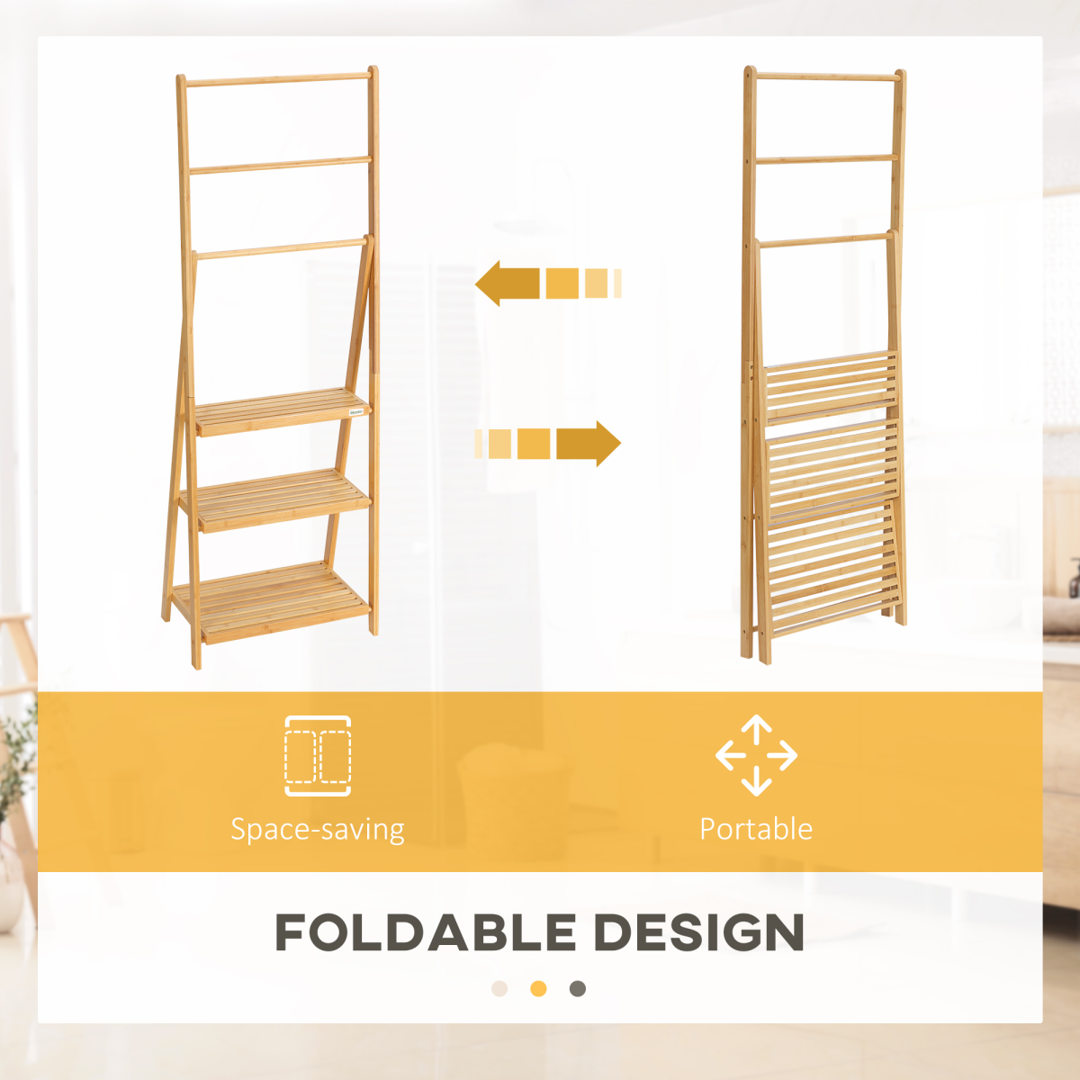 Freestanding Foldable Bamboo Towel Rack with 3 Bars and Shelves for Bathroom