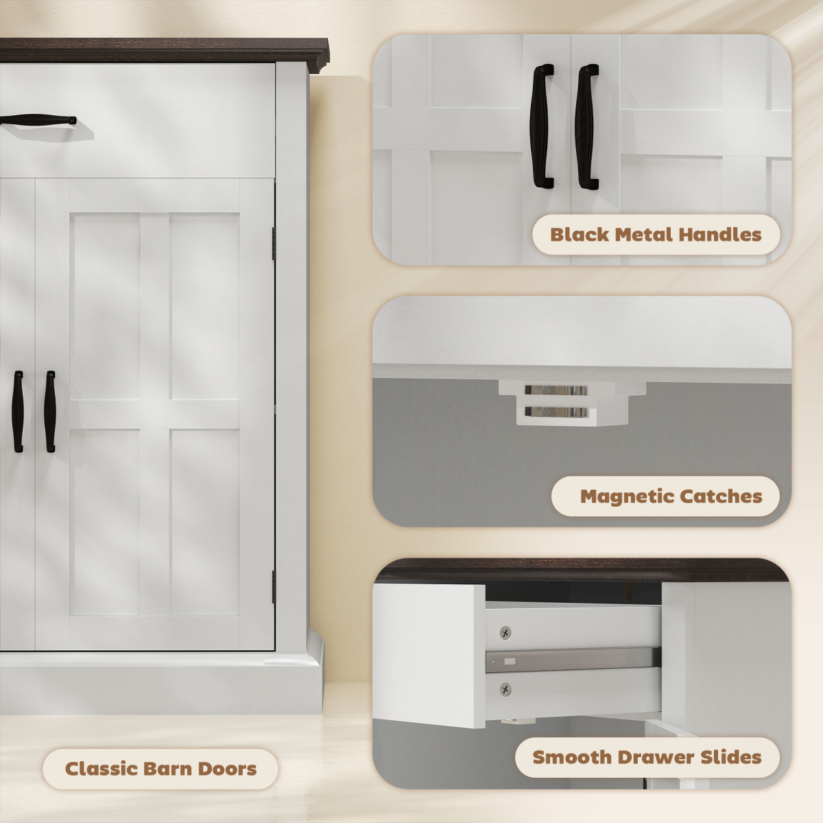 HOMCOM Sideboard Storage Cabinet with Thick Tabletop and 2 Barn Doors White