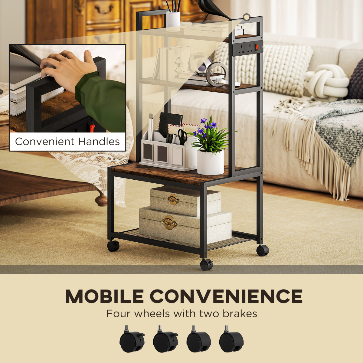 HOMCOM 4-Tier Mobile Printer Stand with Power Outlets for Home Office