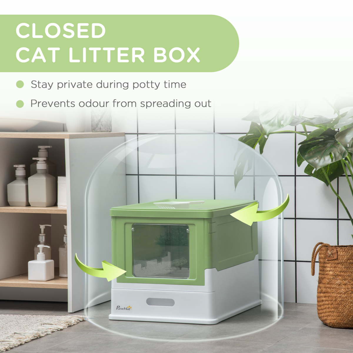 PawHut Hooded Cat Litter Box, Pet Toilet w/ Scoop, Tray - Light Green