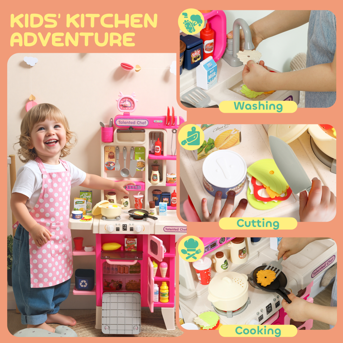 AIYAPLAY Kids Pretend Role Play Set with Realistic Lights & Sounds, Pink