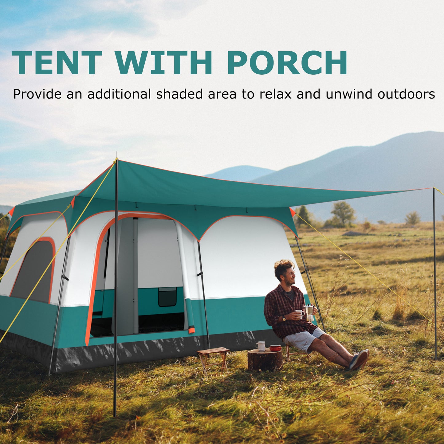 6/8/10-Person Camping Tent with Porch and Rainfly-L