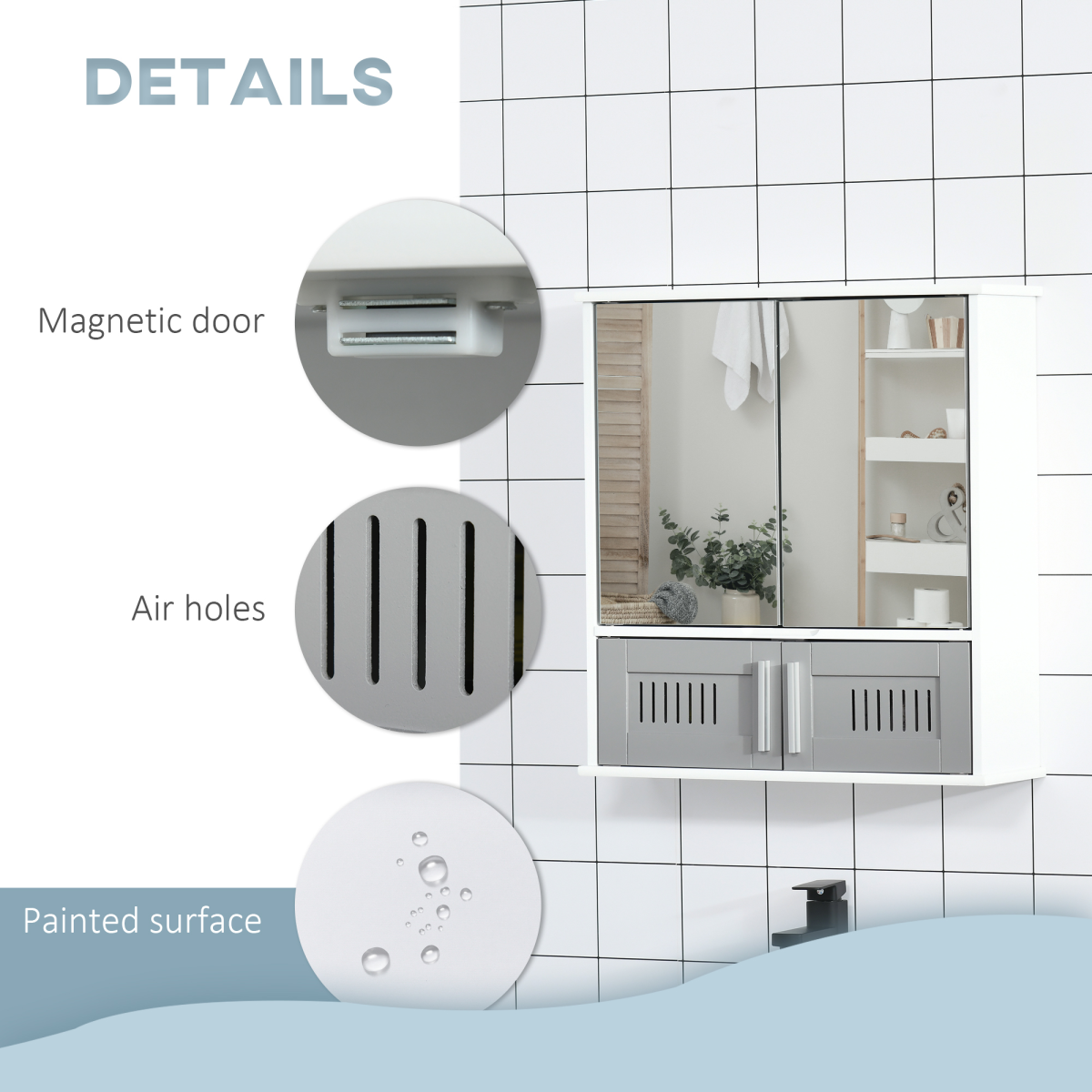 Bathroom Mirror Cabinet, Wall Mounted Storage Cupboard with Double Doors Grey