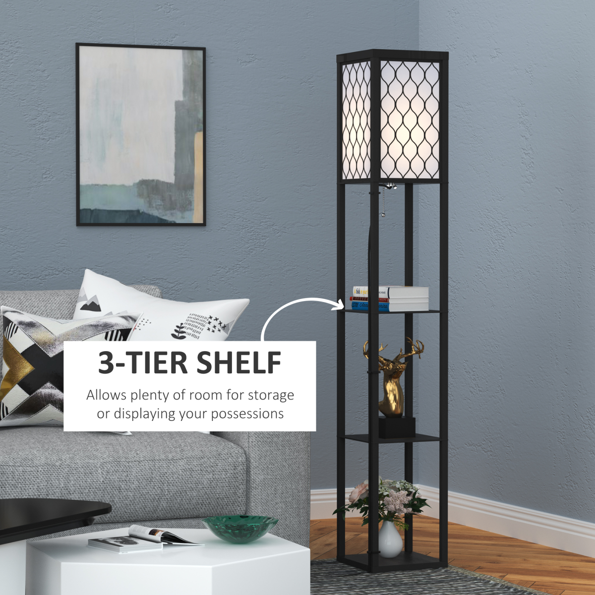HOMCOM Modern Floor Lamp Light with 3 Shelves Fabric Lampshade Black