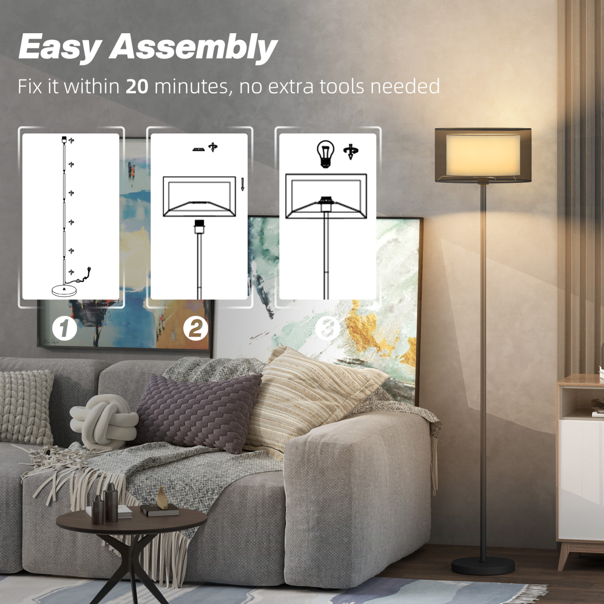 HOMCOM Modern Standing Lamp with Double Layer Shade & Foot Switch, Black