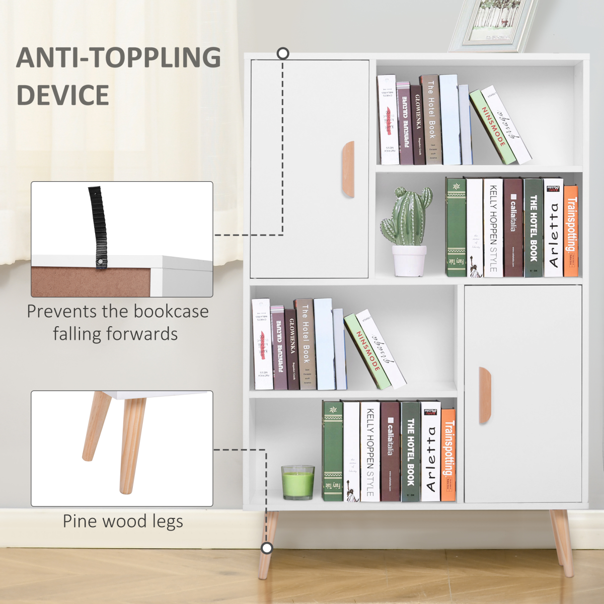 HOMCOM Free Standing Bookcase Shelves Unit Storage Cabinet w/ Two Doors White