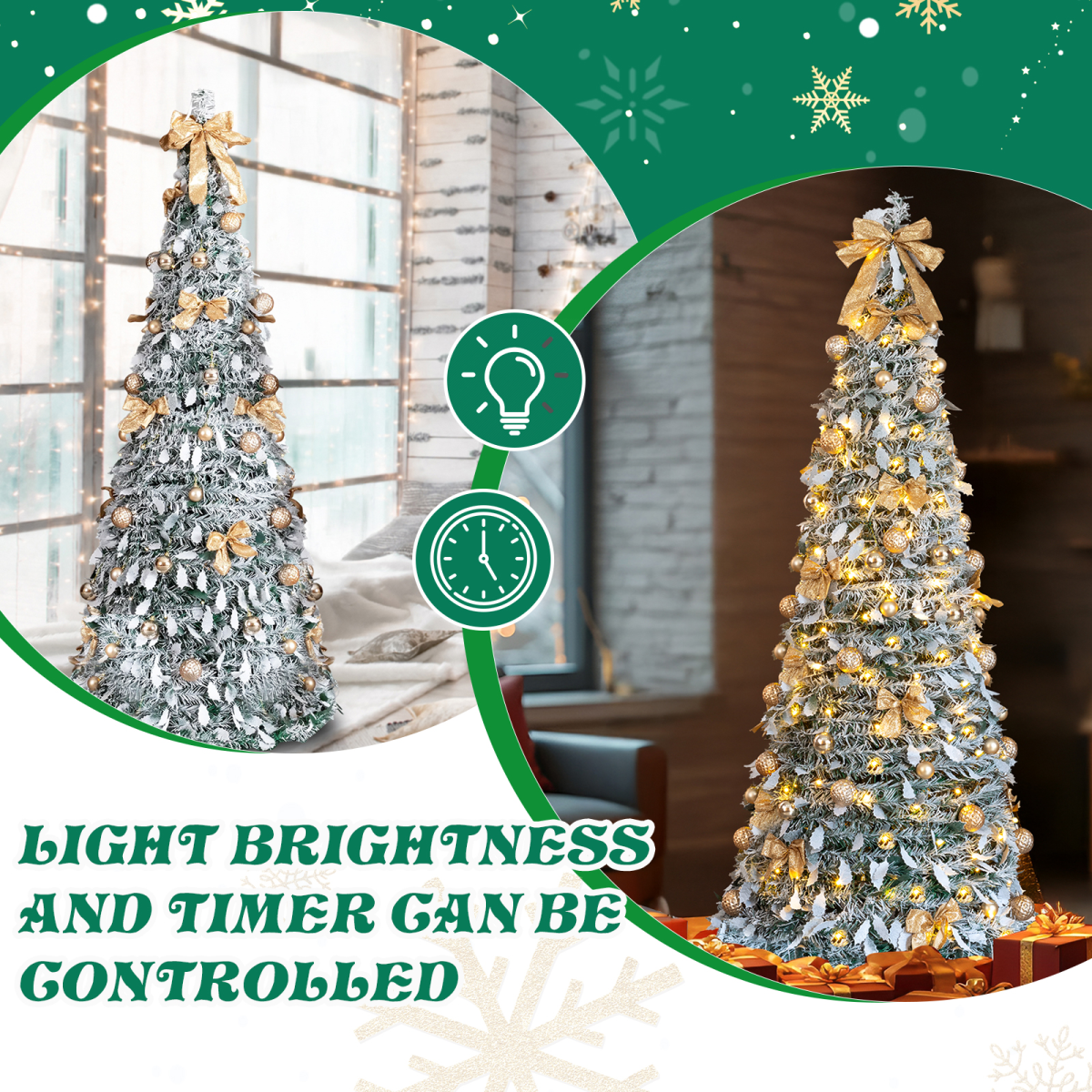 6 FT Snow Flocked Pre-lit Artificial Pop Up Christmas Tree with 100 Warm Lights and Golden Ornaments for Home Office Store Holiday Deco, Snowy Green