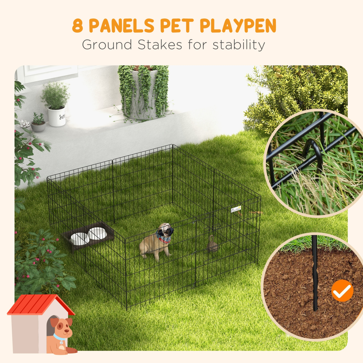 PawHut 24" Pet Dog Playpen, Puppy Cage, Eight-Panel Metal Fence, Run, Garden