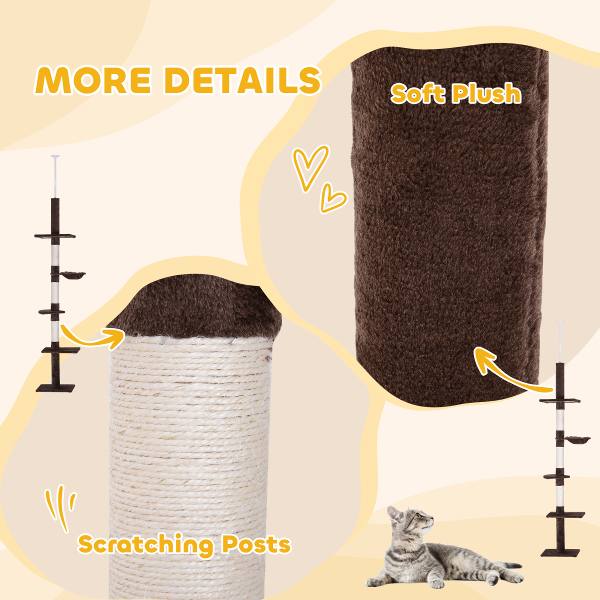 Floor to Ceiling Cat Tree for Indoor Cats 5-Tier Kitty Tower Brown
