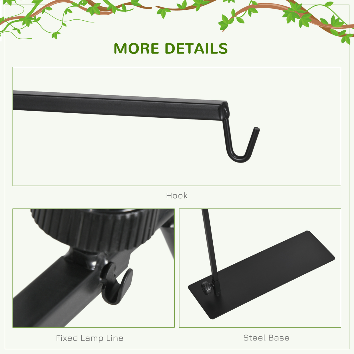 PawHut Reptile Lamp Stand, 86-129Hcm Adjustable Lamp Holder w/ Base, Hook