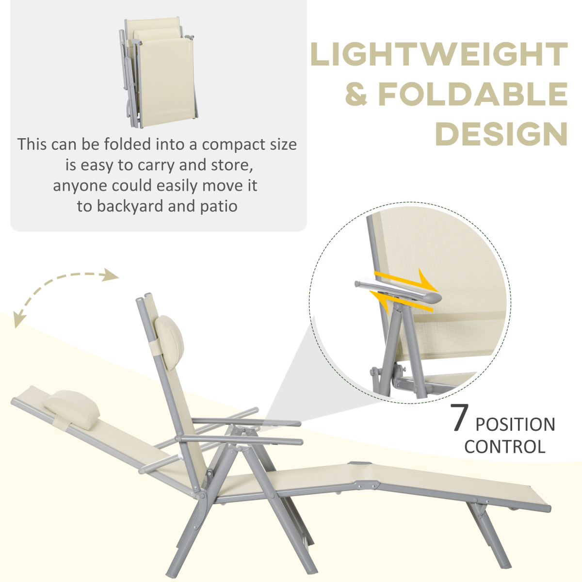 Sun Lounger Folding Chaise Chair Recliner & 7 Adjustable Backrest - Beige