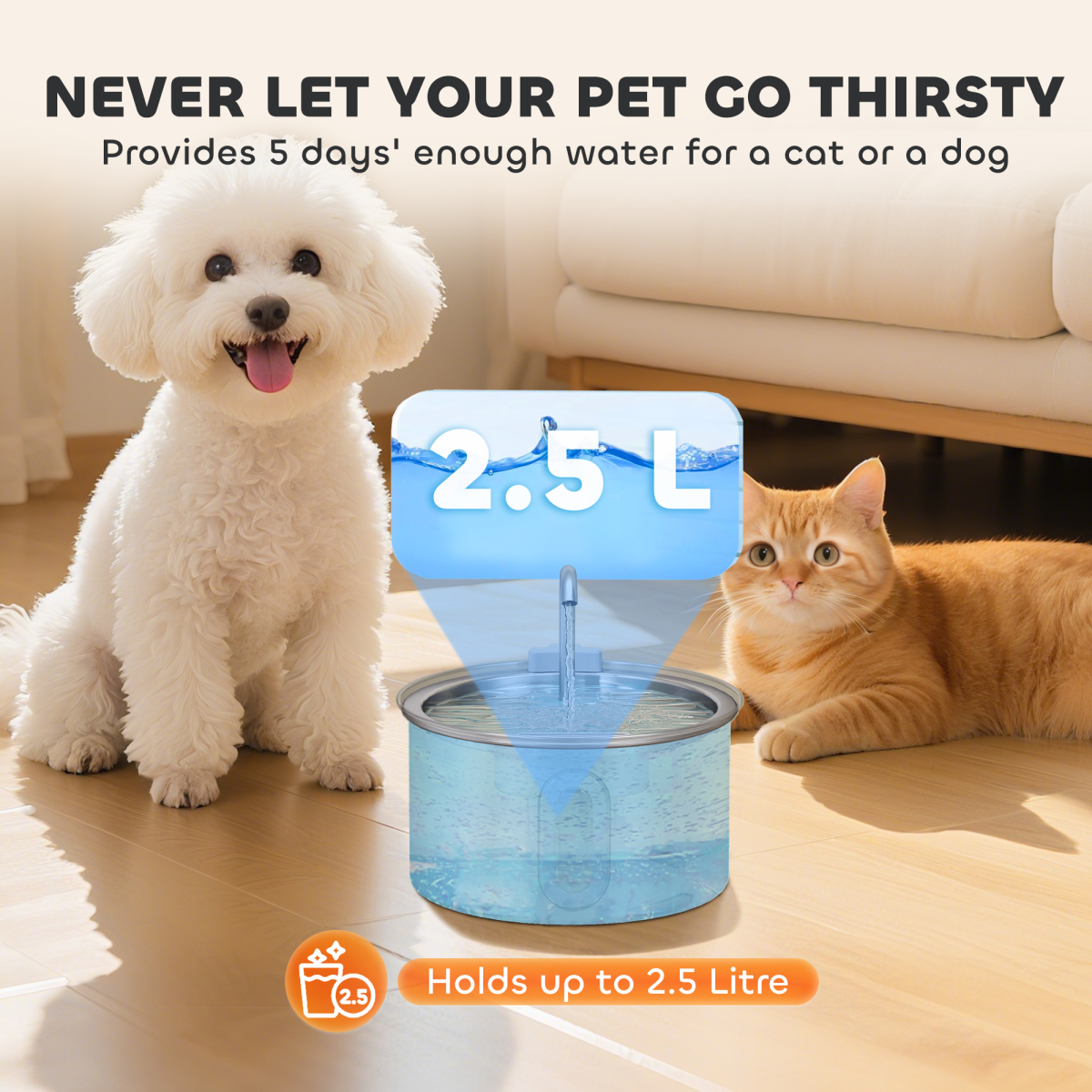 PawHut 2.5L Cat Water Fountain for Drinking Stainless Steel Ultra-Silent