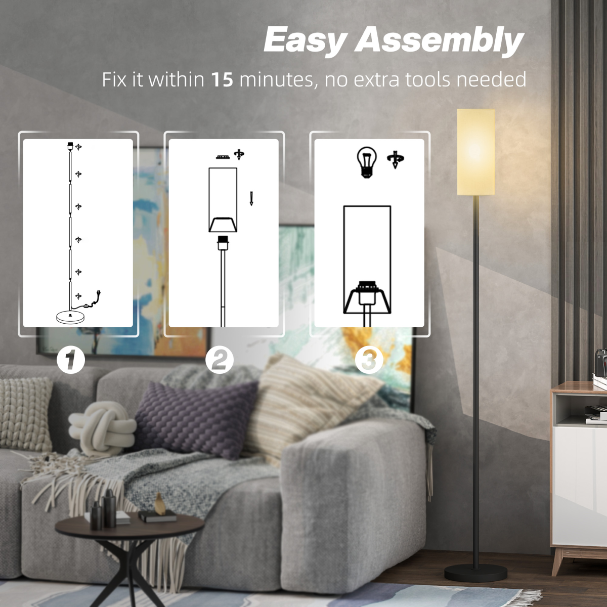HOMCOM Floor Lamp with Linen Shade & Foot Switch for Living Room, White