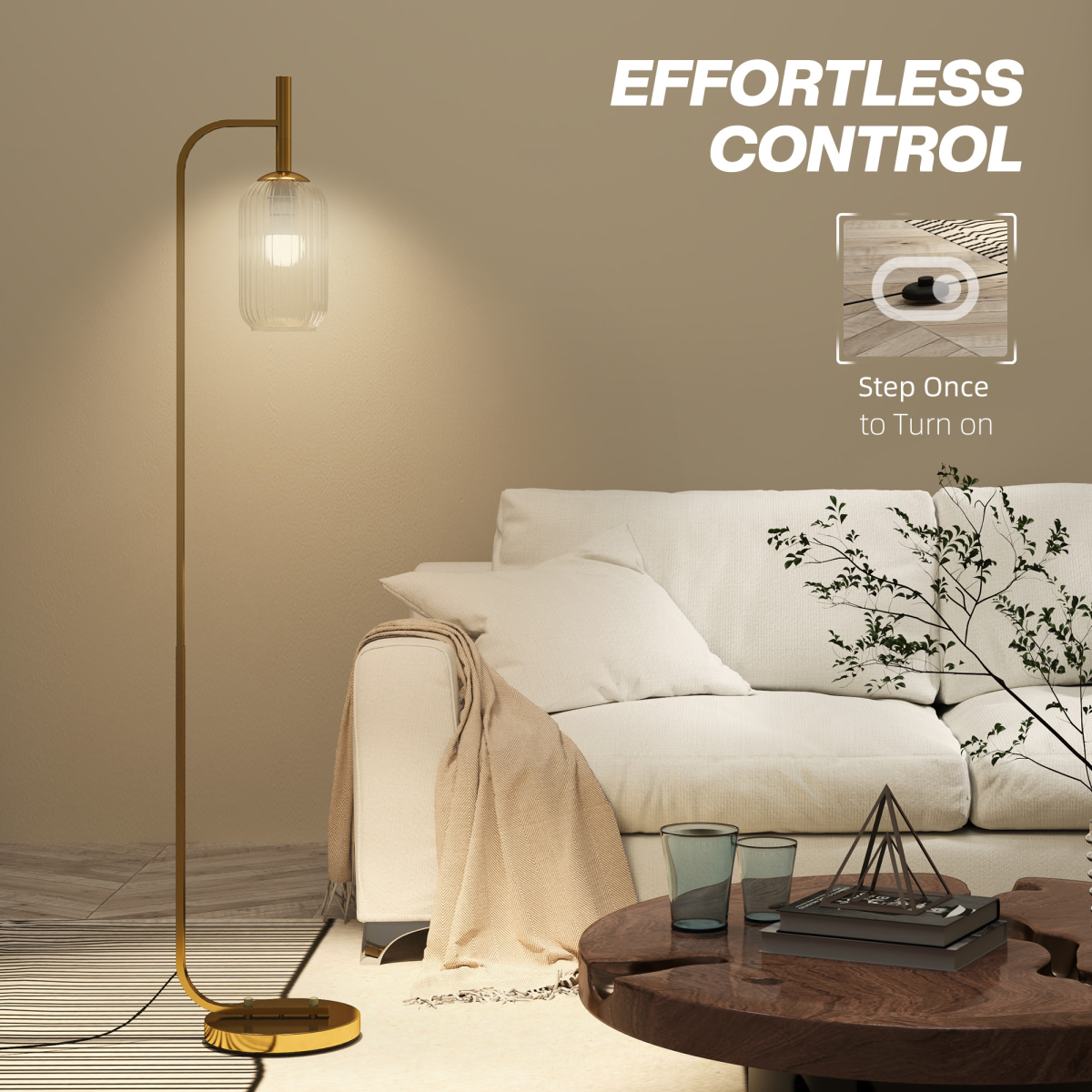 HOMCOM Modern Floor Lamp with Glass Lampshade, Foot Switch for Living Room