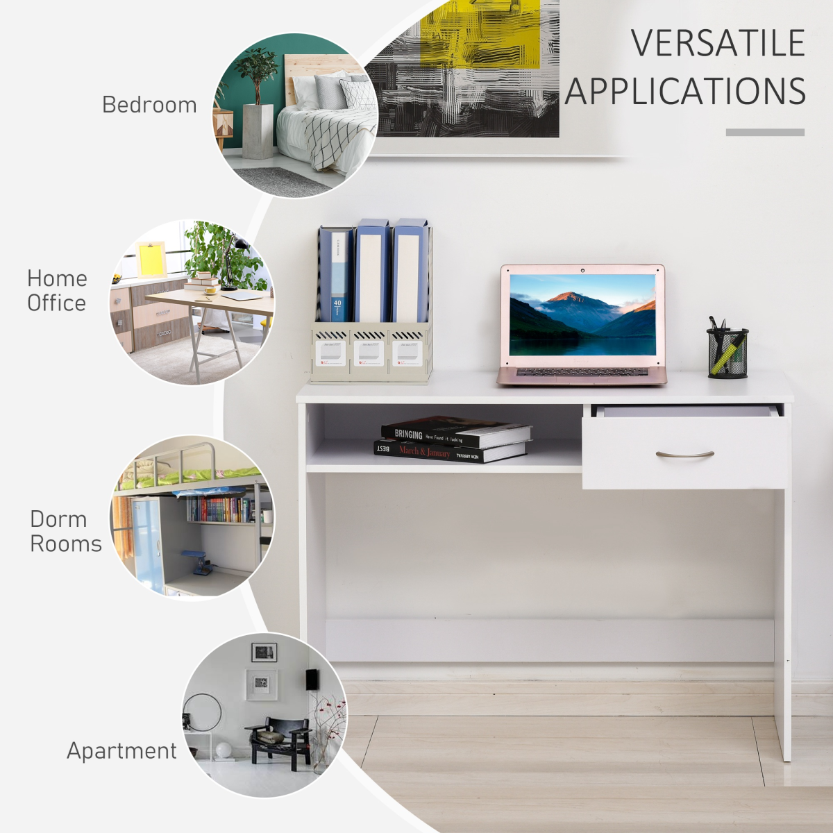 HOMCOM Modern Computer Work Desk Table Study Shelf Drawer Writing Station White