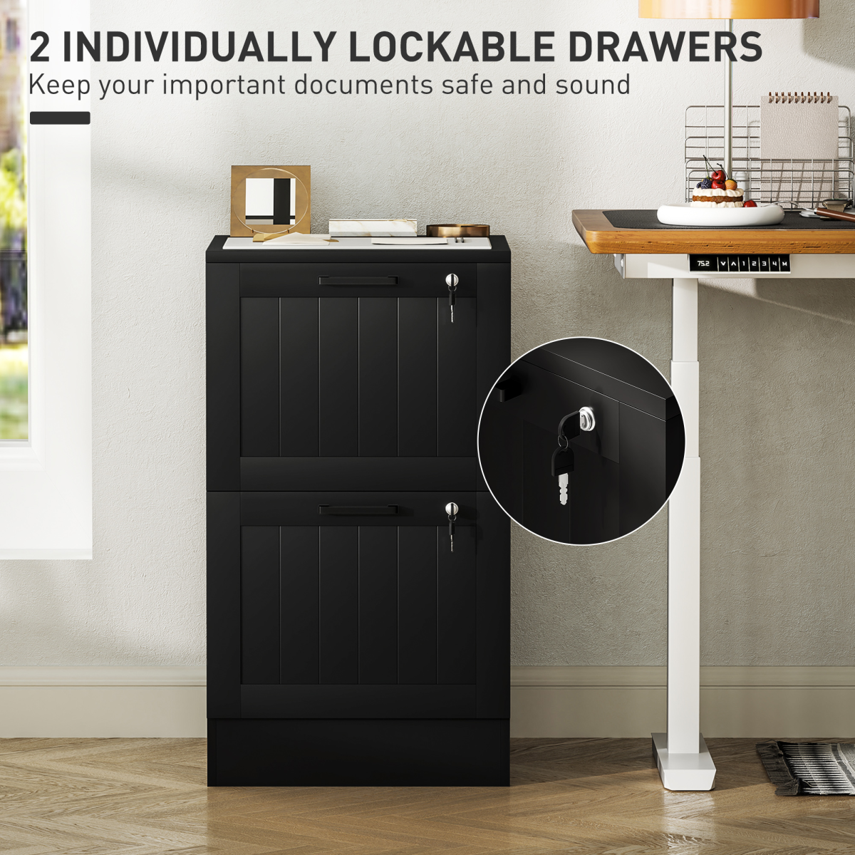HOMCOM 2 Drawer File Cabinet with Lock and Adjustable Hanging Bars, Black