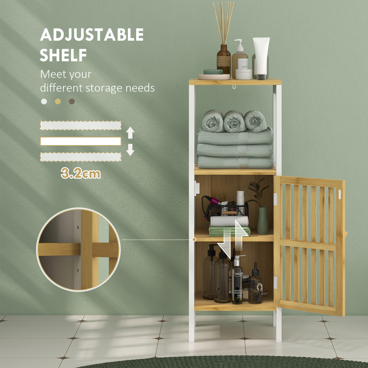 HOMCOM Bathroom Floor Cabinet Bamboo Bathroom Cupboard with Adjustable Shelf