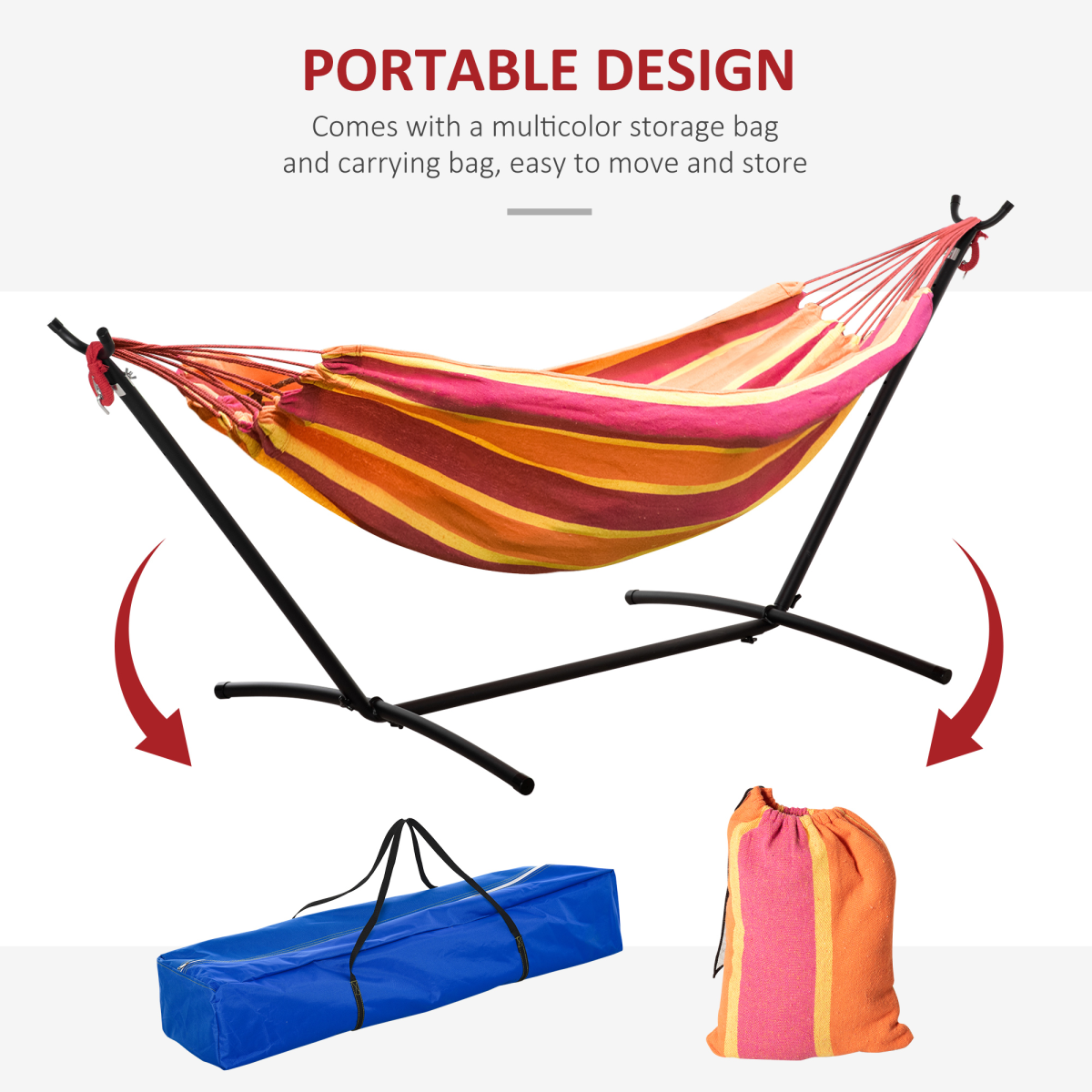 277 x 121cm Hammock & Stand Camping Hammock & Carrying Bag, 120kg, Red Stripe