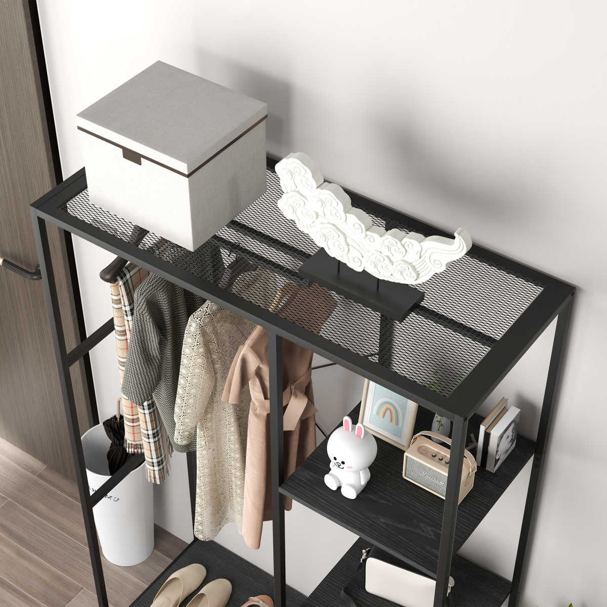 HOMCOM Coat Rack Stand with Hanging Rail and Storage Shelves for Hallway Black