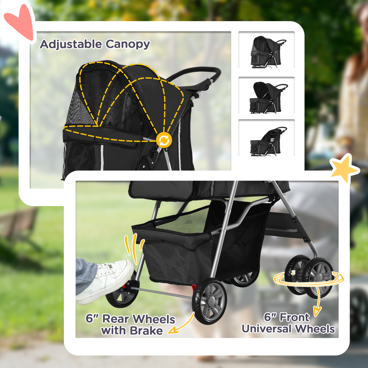 Pet Stroller Carrier Foldable Deluxe Jogger Walk Travel Dog Cat Black