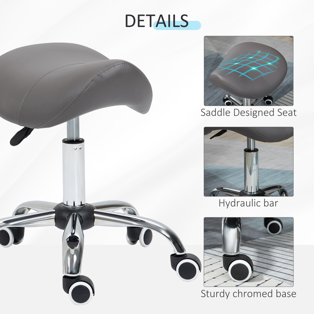HOMCOM PU Leather Saddle Stool w/ Moulded Padded Seat Adjustable Height Grey