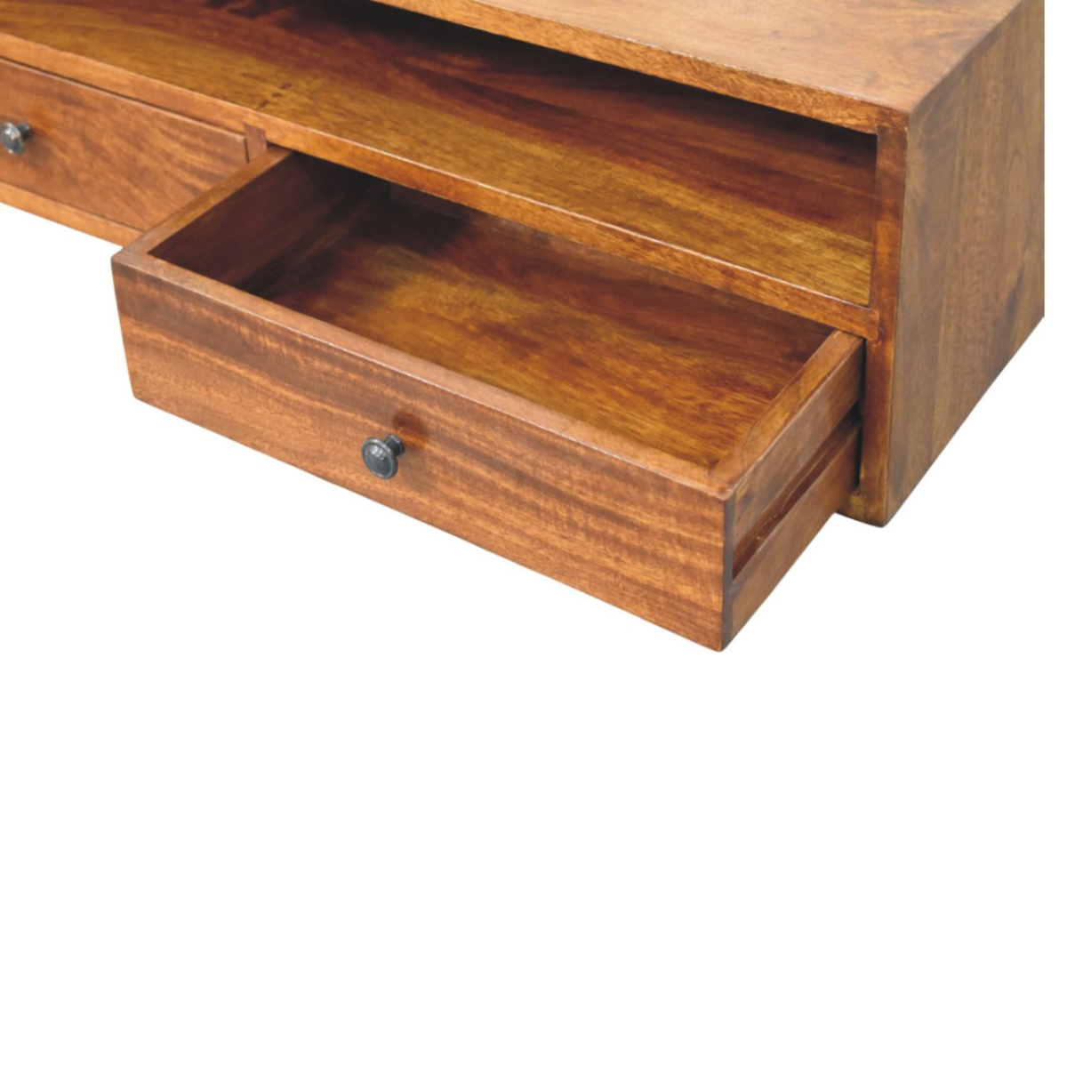Artisan Furniture Solid Wood Lunar Chestnut Wall Mounted Media Unit, 2 Drawers and Open Shelf, Dark Brown