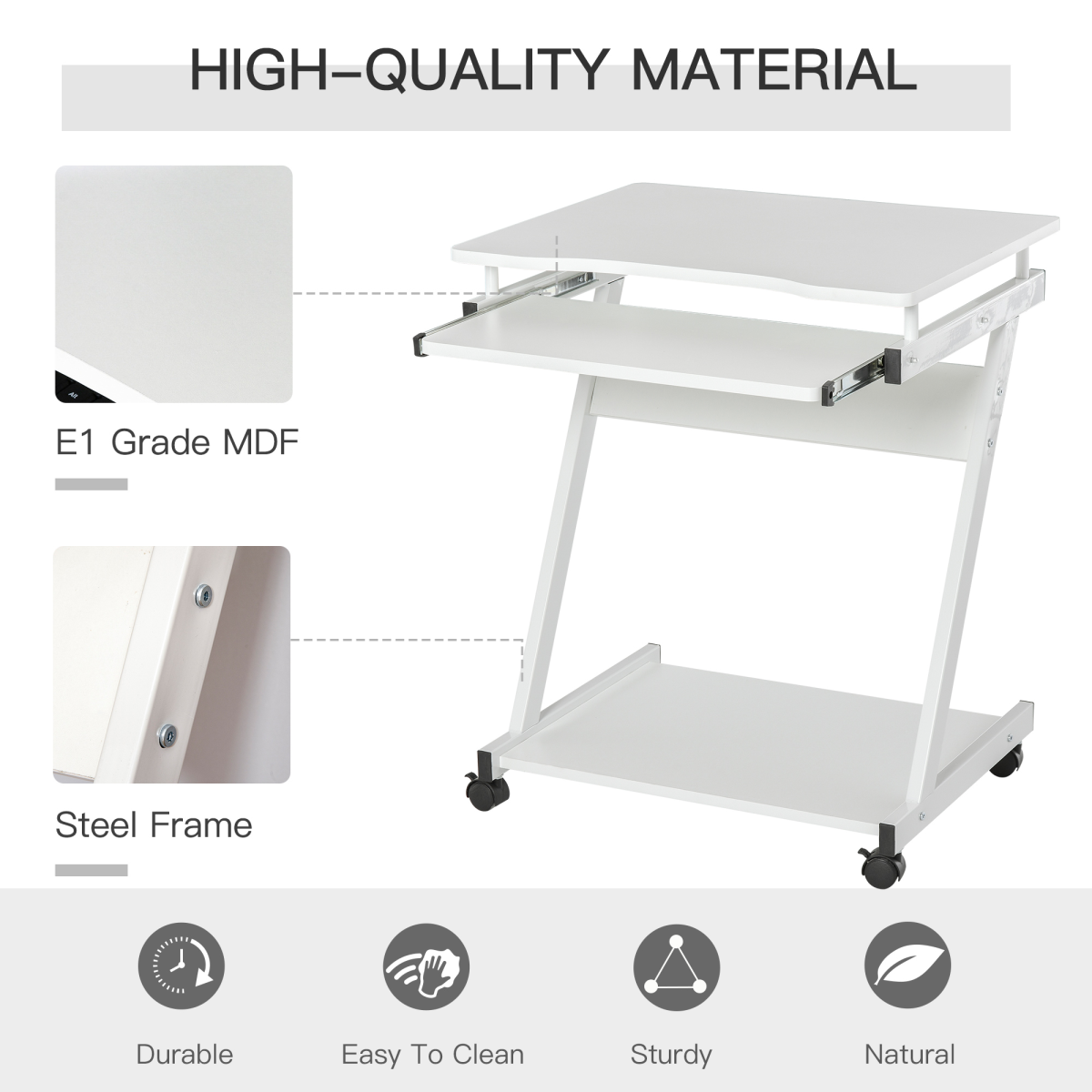 Computer Desk with 4 Moving Wheels Sliding Keyboard Tray White