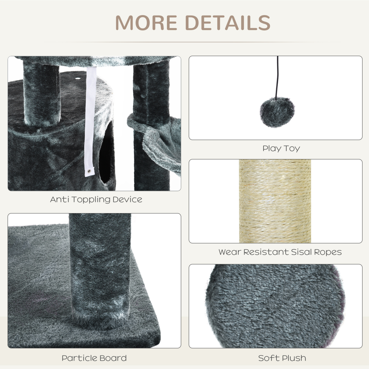 5-Tier Grey Sisal Multi-Level Cat Tree Tower with Scratching Posts Pawhut