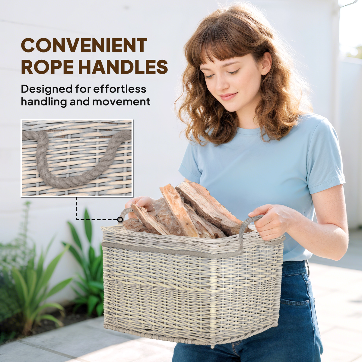 Outsunny Set of 3 Wicker Log Basket with Liner and Rope Handles, Beige