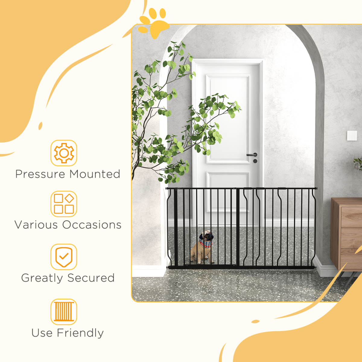Pet Safety Gate Dog Barrier W/ Door Pressure Fit for Doorways, 75-145W cm, Black