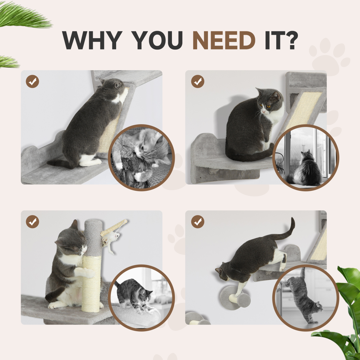 PawHut 3PCs Corner Design Cat Wall Shelves Furniture, Light Grey