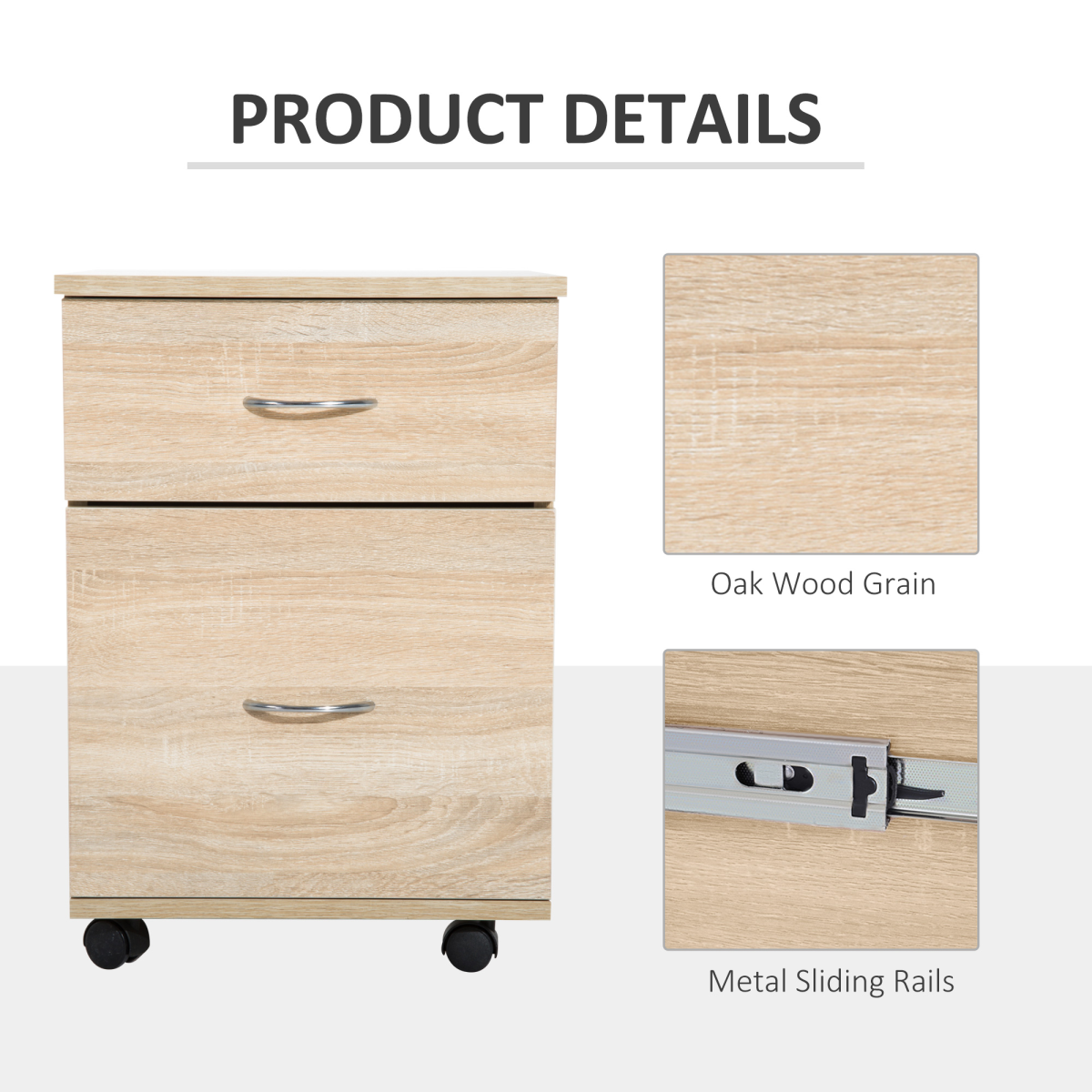 Mobile File Cabinet Wooden Side Table with 2 Drawers Pedestal Office Oak