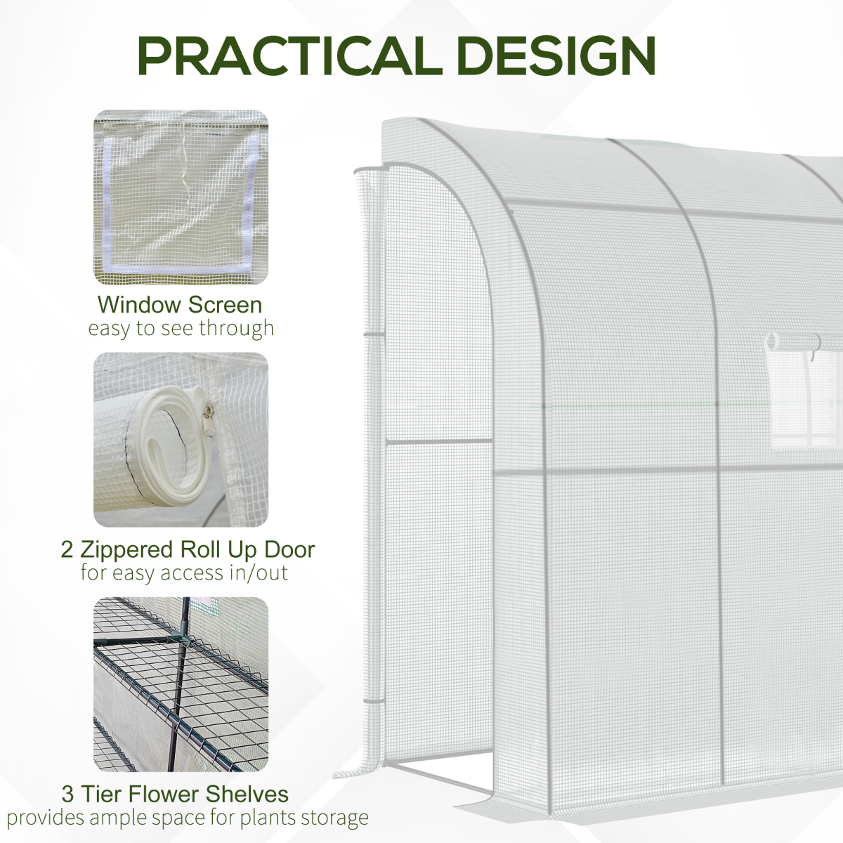 Walk-In Leanto Greenhouse Windows Doors 2 Tiers 4 Shelves 200x100x213cm White