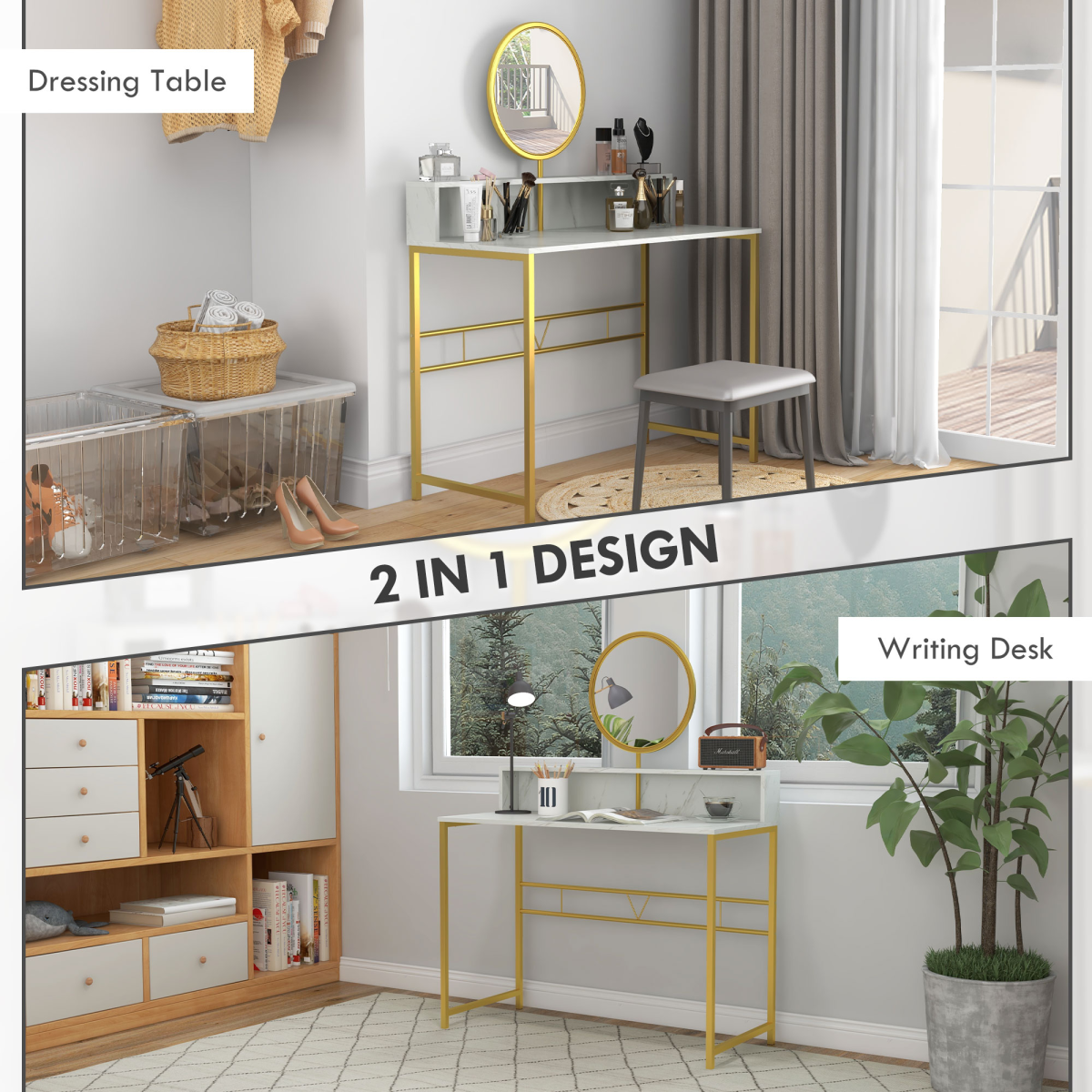 Dressing Table with Round Mirror, Vanity Makeup Desk Faux Marble Texture White