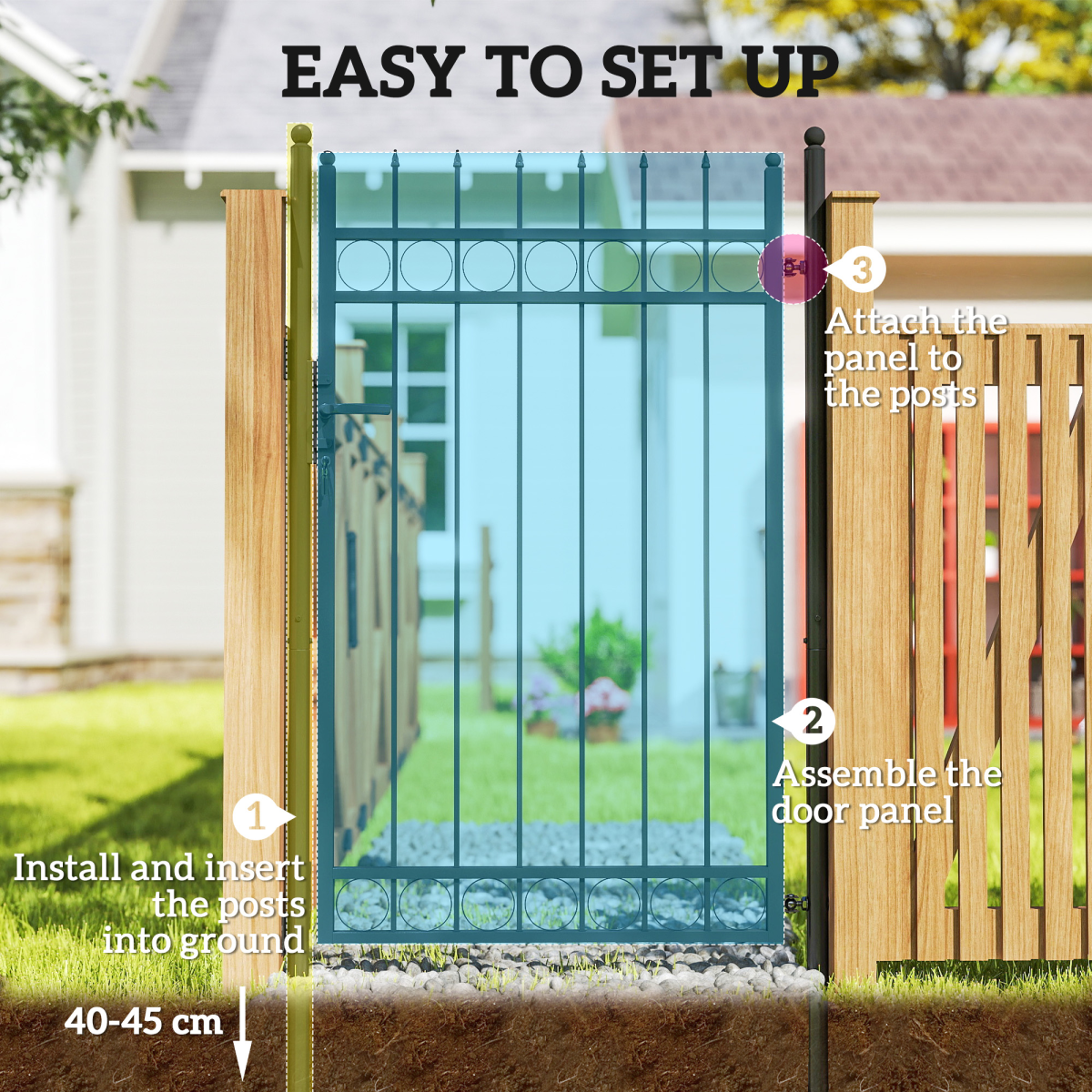 Outsunny Galvanised Steel Garden Fence Gate Security Barrier with Lock, Keys