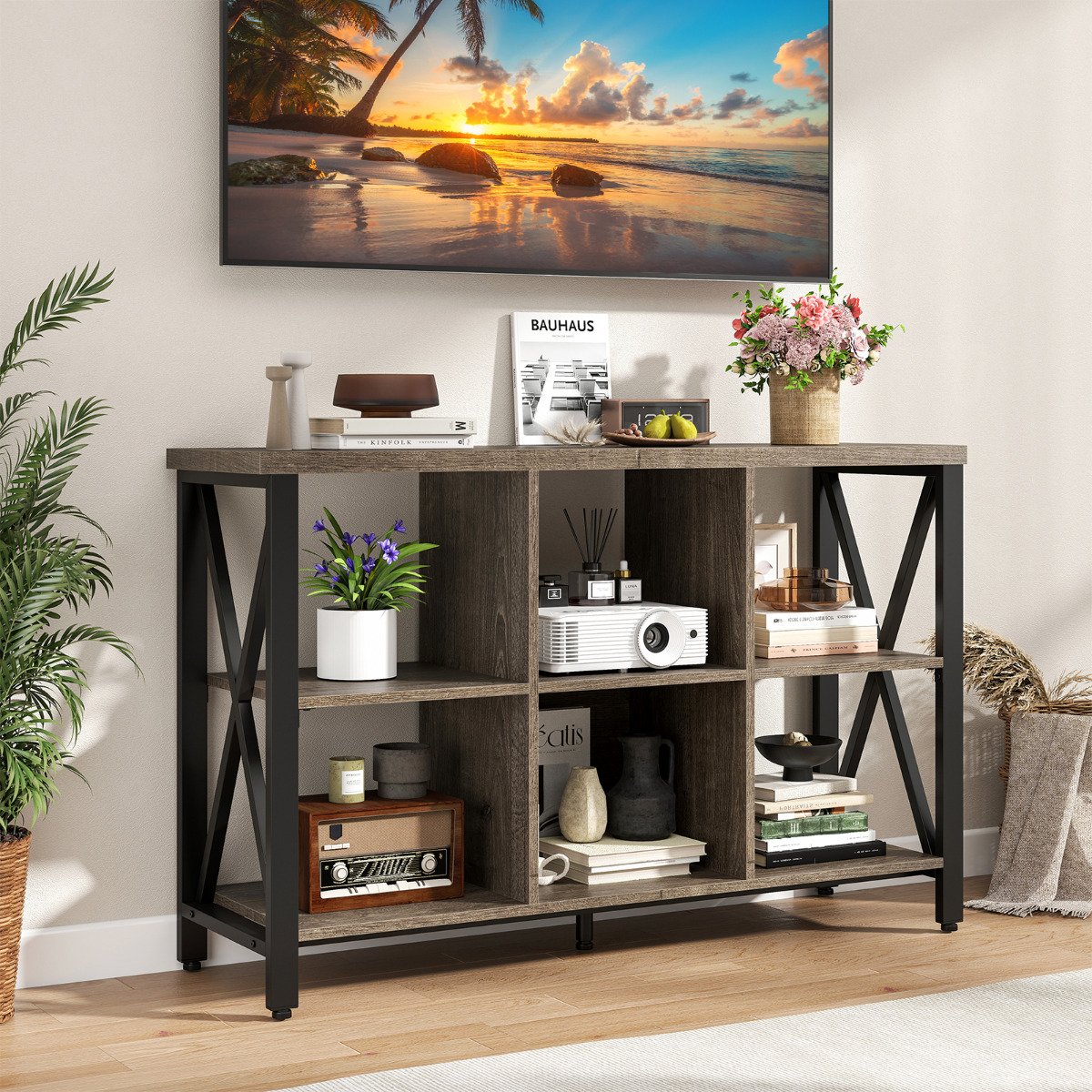 6-Cube Storage Organizer 120CM Wide Bookshelf with Open Compartments-Grey