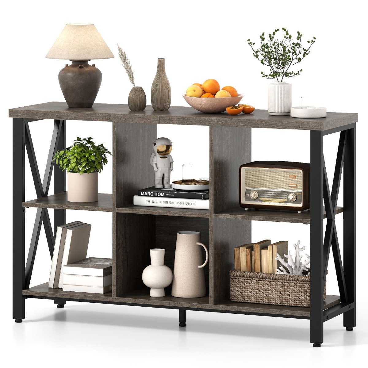 6-Cube Storage Organizer 120CM Wide Bookshelf with Open Compartments-Grey
